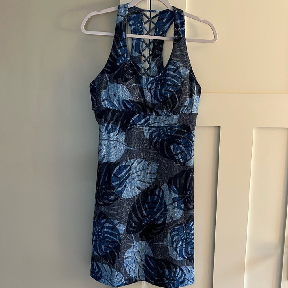 Zeroxposur Sleeveless Tank Style Midi Dress Lattice Back Shelf Bra Tropical M